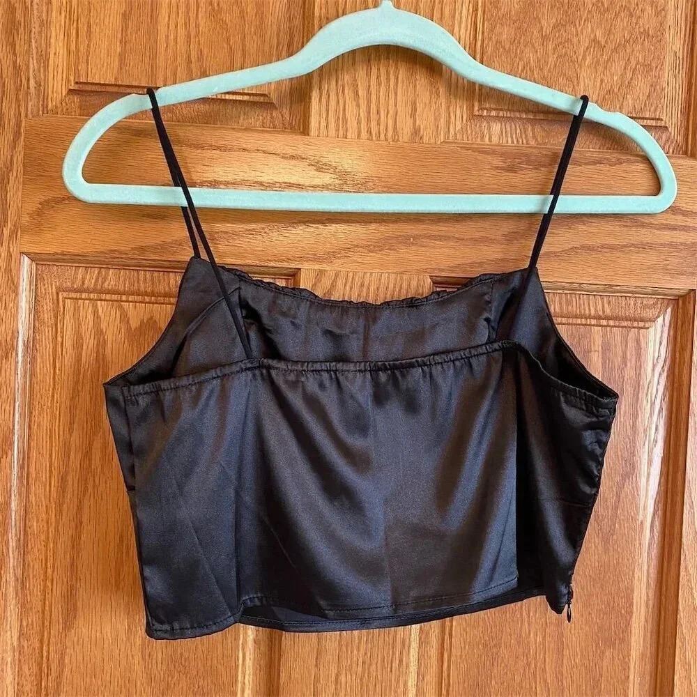 Shein Women's Black Satin Cropped Tank Top Size M Square Neck Sleeveless - Picture 2 of 5